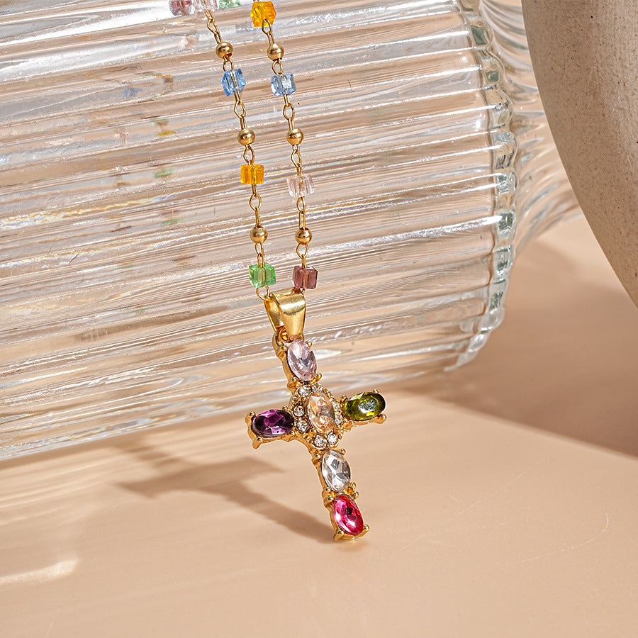 Dainty Colorful Gem Set Cross Necklace
