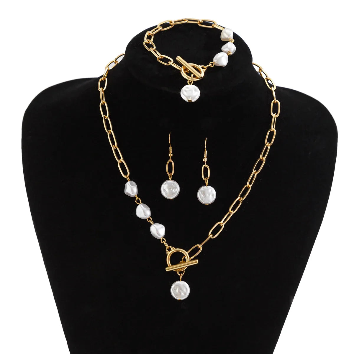 Classy Paperclip Pearl Necklace, Bracelet, and Earrings Set
