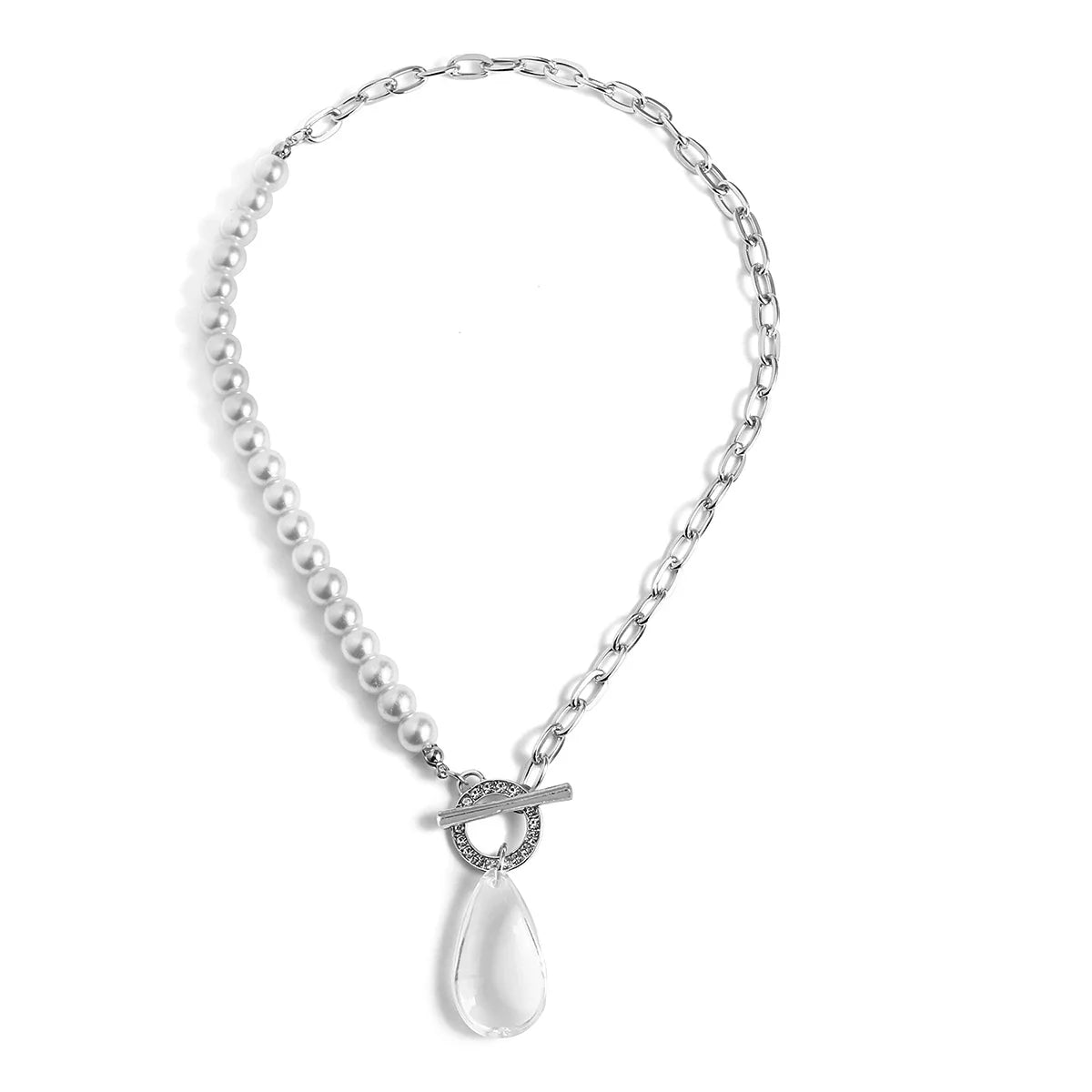 Chunky Paperclip Crystal Waterdrop Circle Bar Clasp Necklace