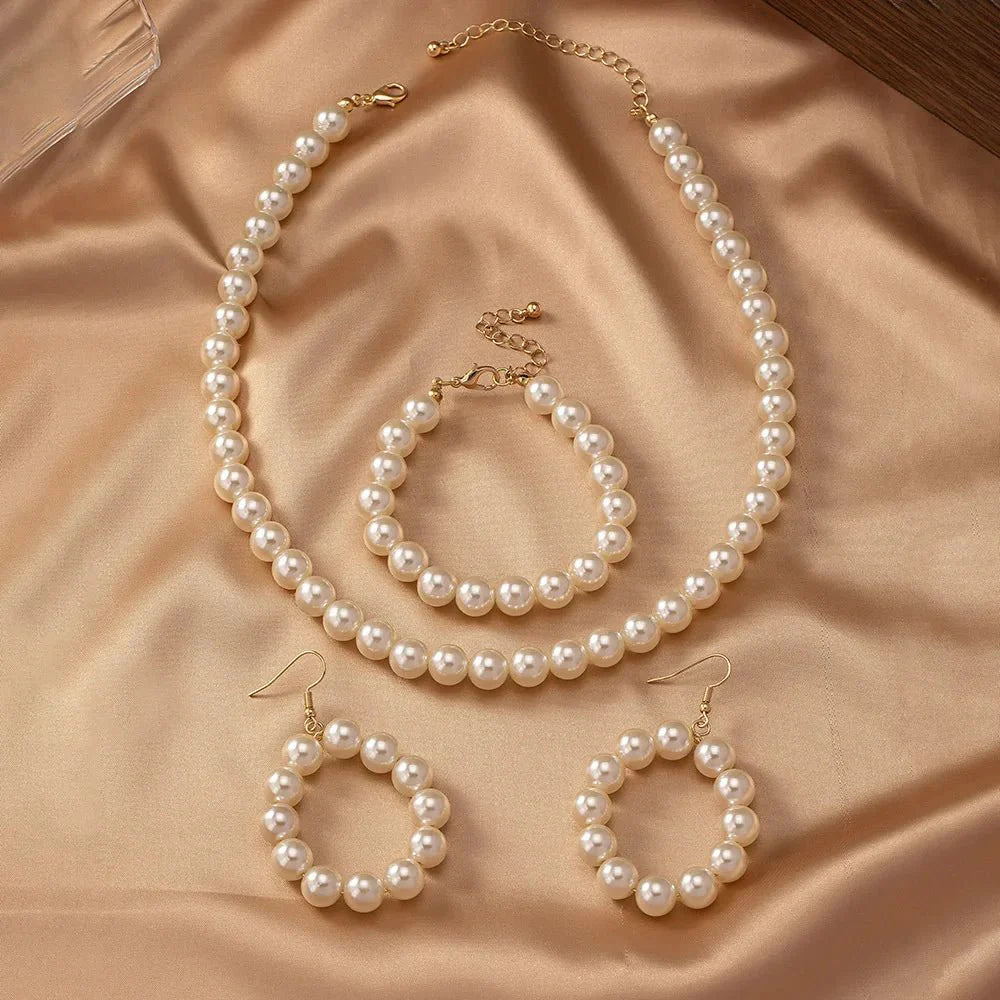 Classy Beaded Pearl Necklace, Bracelet, and Earring Set