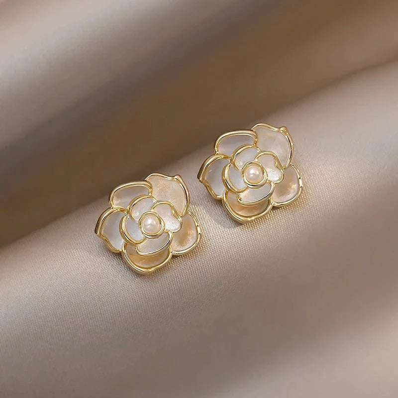 Dainty Blanc Camellia Floral Necklace, Earrings, Ring Jewelry