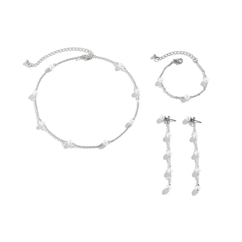 Dainty Chain Pearl Bracelet, Necklace, and Earring Set
