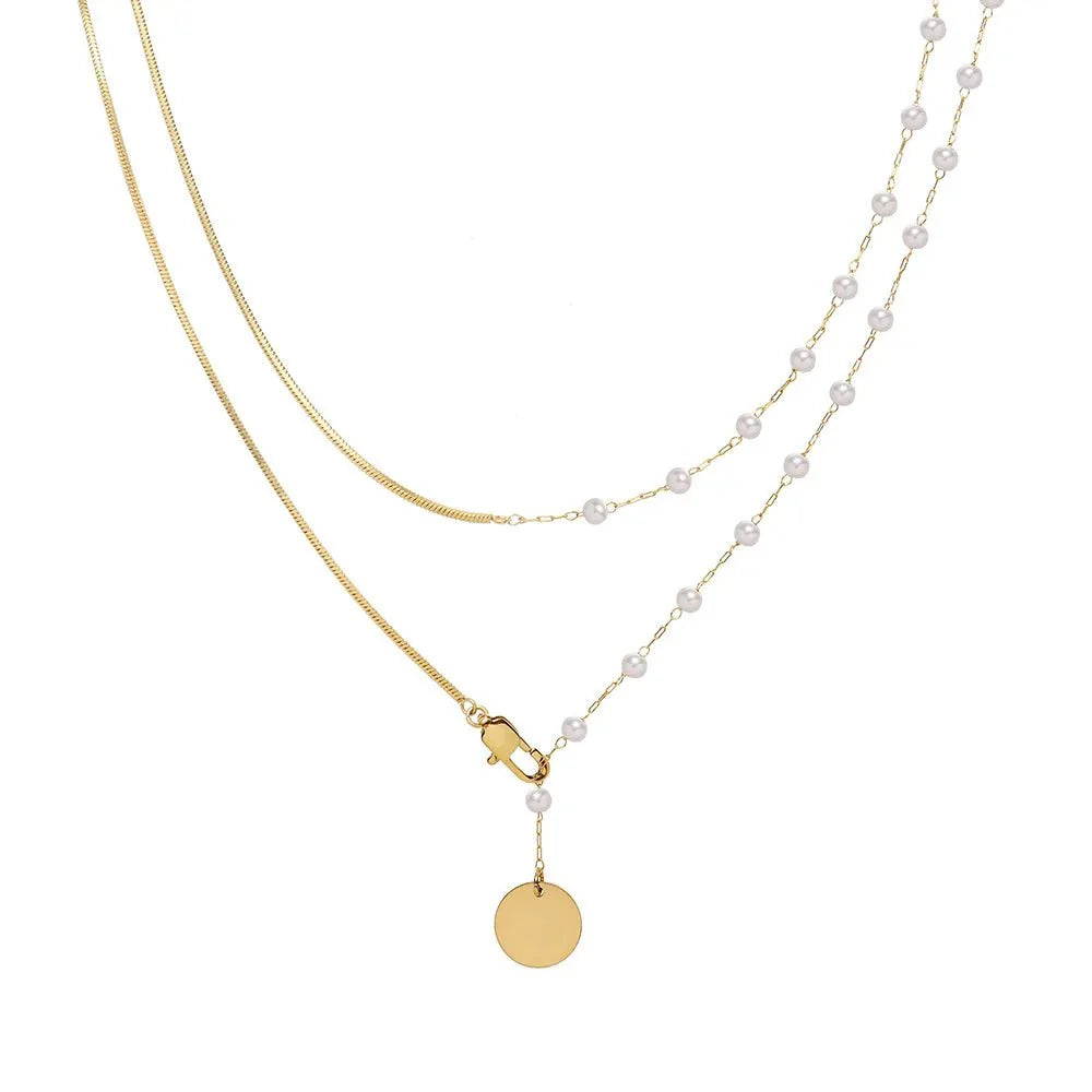 Dainty Layered Pearl Accented Herringbone Necklace