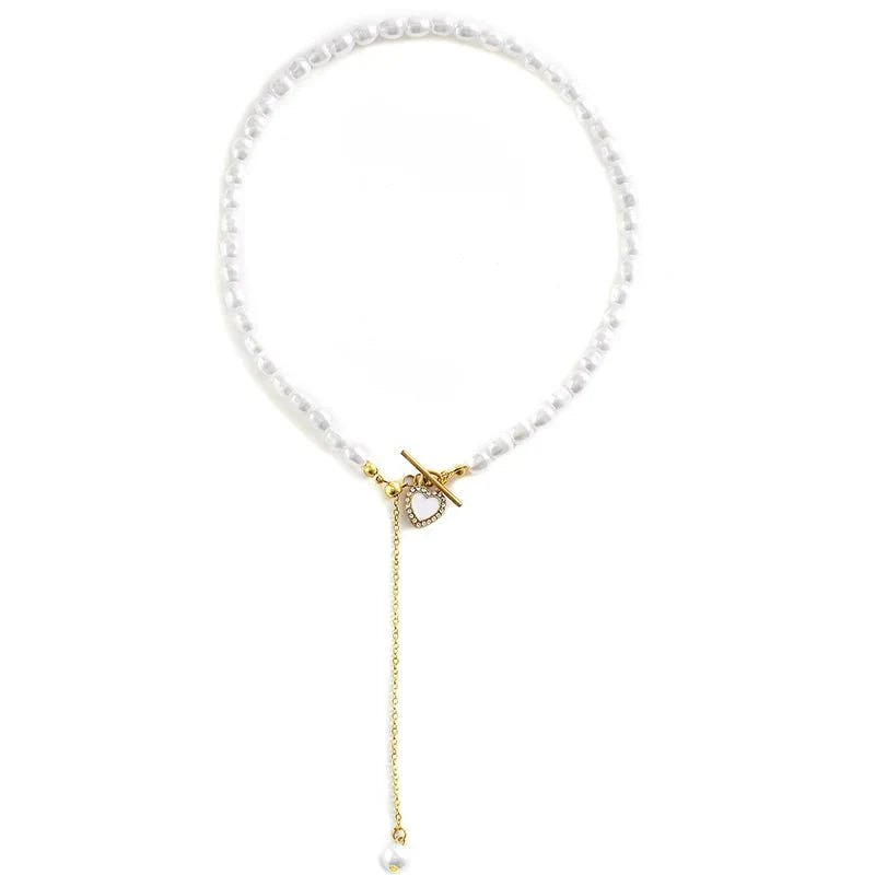 Dainty Pearl Drop Heart Clasp Choker Necklace