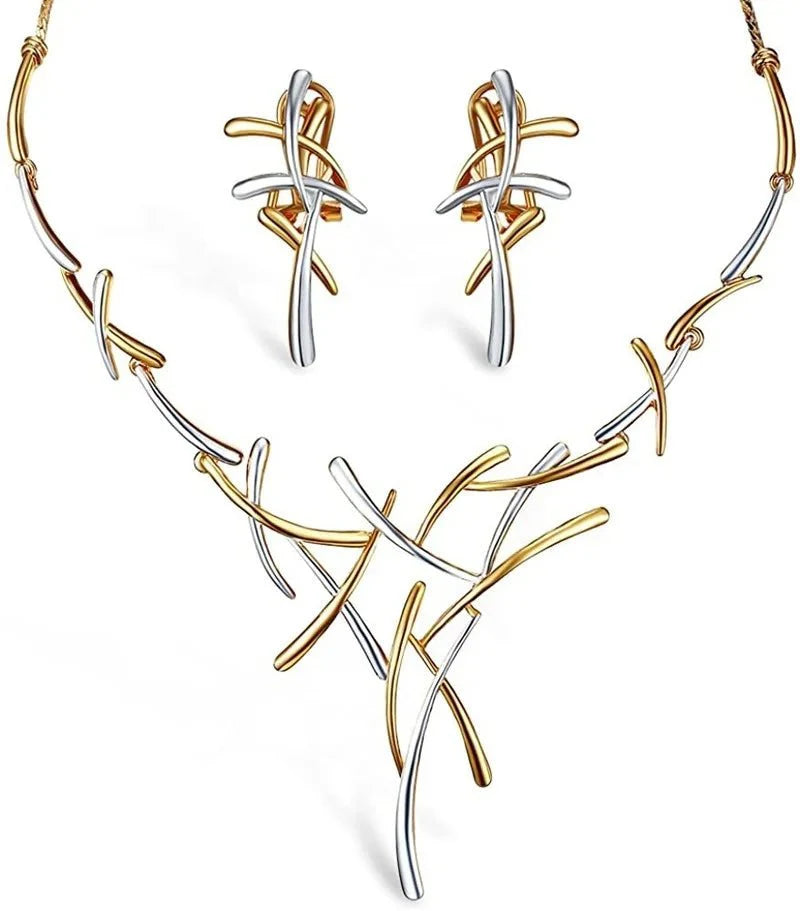Elegant Two-Tone Branch Cross Necklace and Earring Set