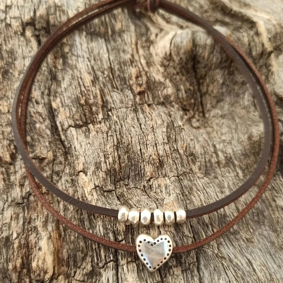 Layered Leather Heart Choker Necklace
