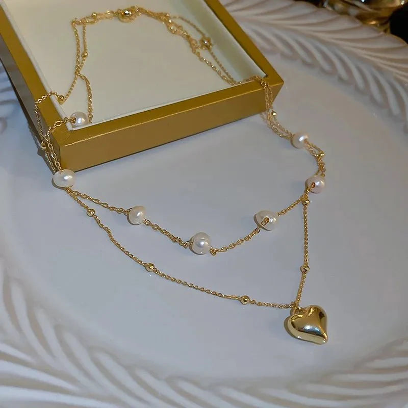 Layered Pearl and Heart Chain Necklace