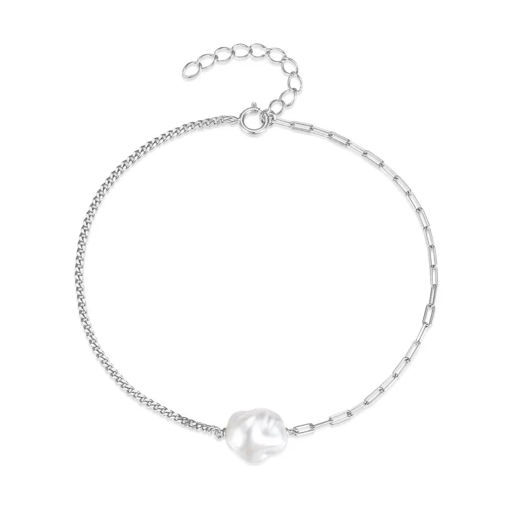 S925 Pearl Dainty Paperclip and Cuban Chain Bracelet