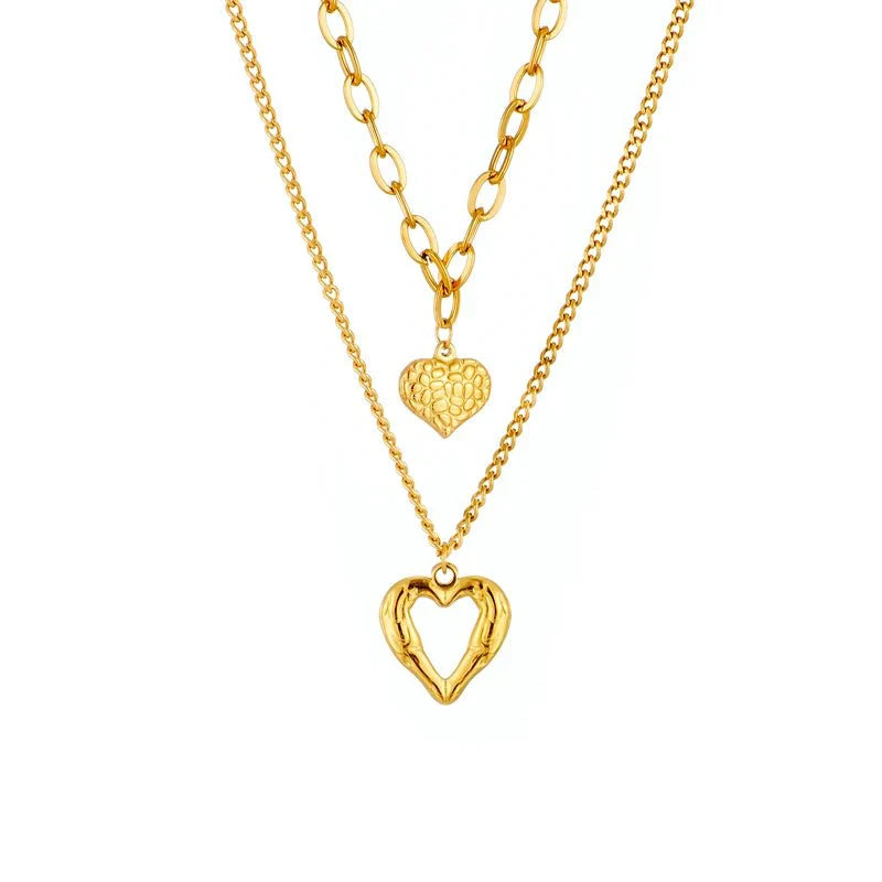 Stacked Golden Heart Contrast Necklaces