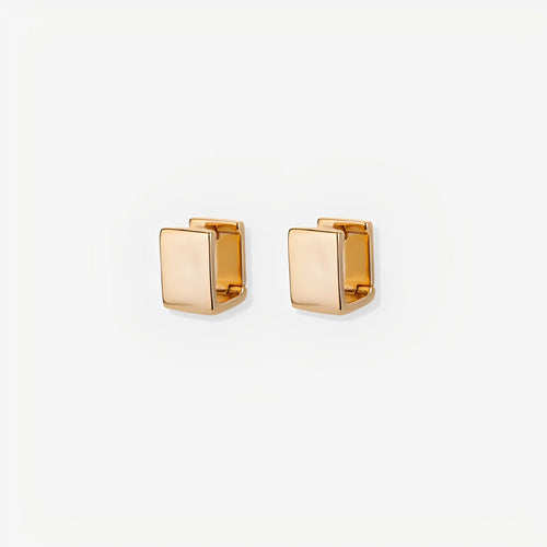 Gold square stud earrings on a white background