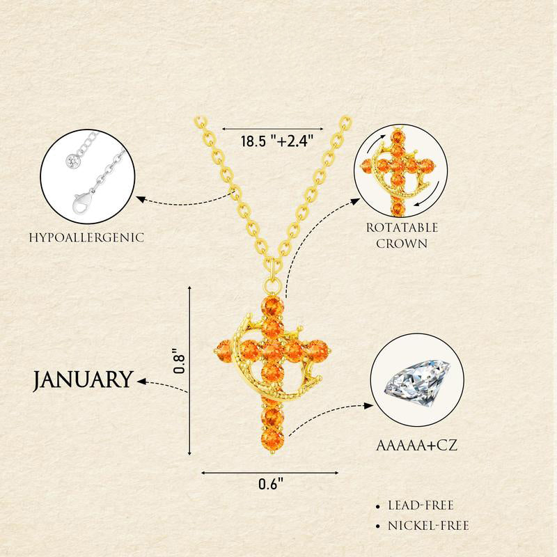 Dainty Birthstone Cross & Crown Necklace