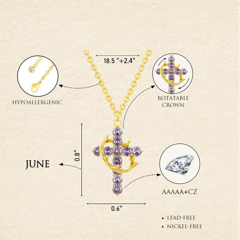 Dainty Birthstone Cross & Crown Necklace