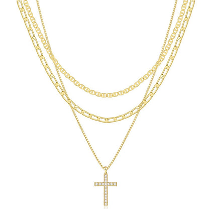3pc 14k Layered Cross Necklace Stack