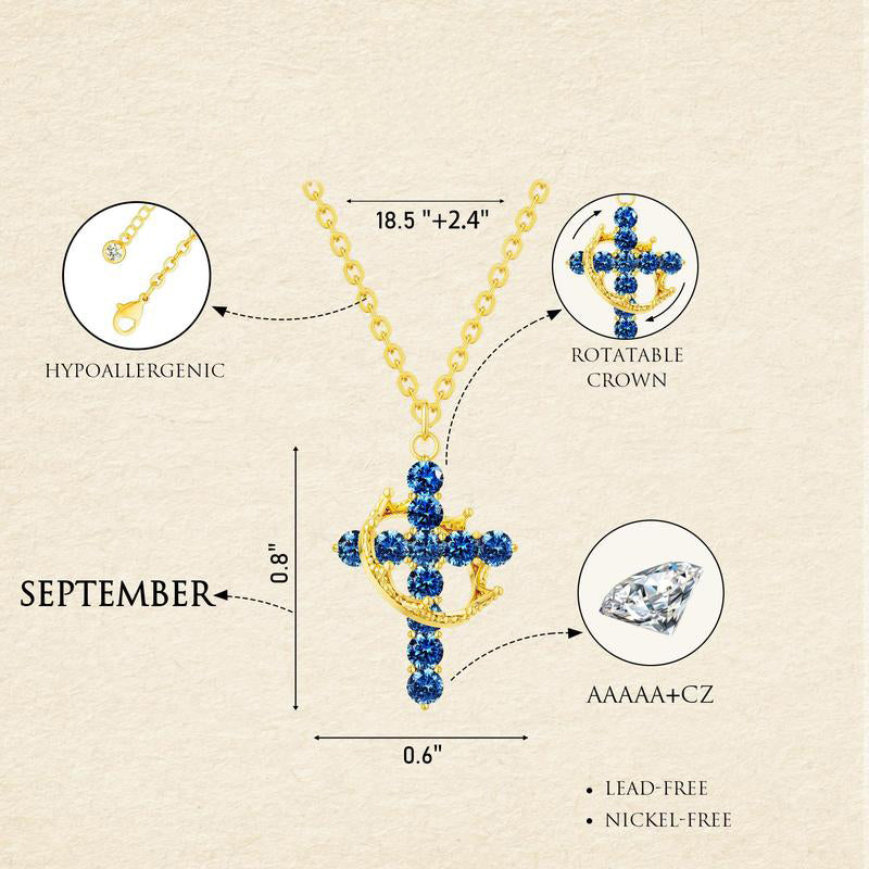 Dainty Birthstone Cross & Crown Necklace