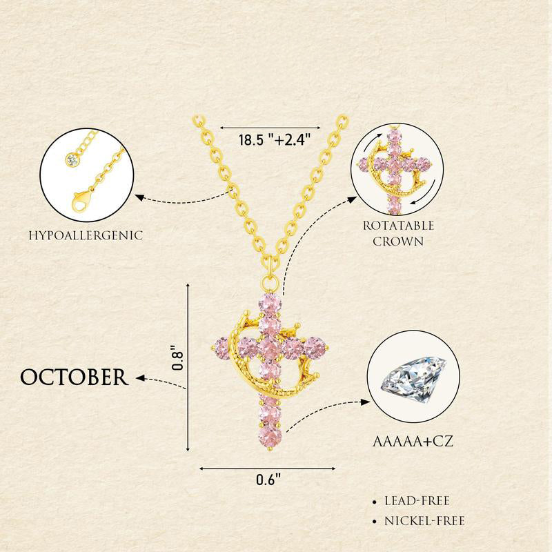 Dainty Birthstone Cross & Crown Necklace