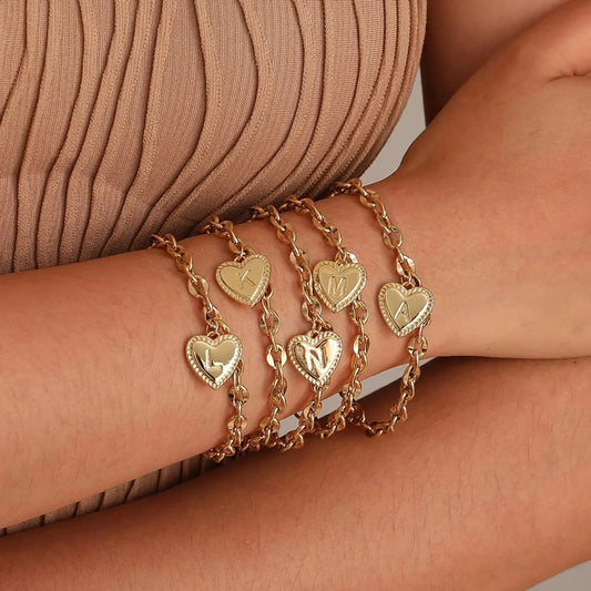 14k Dainty Heart Engraved Letter Initial Bracelet