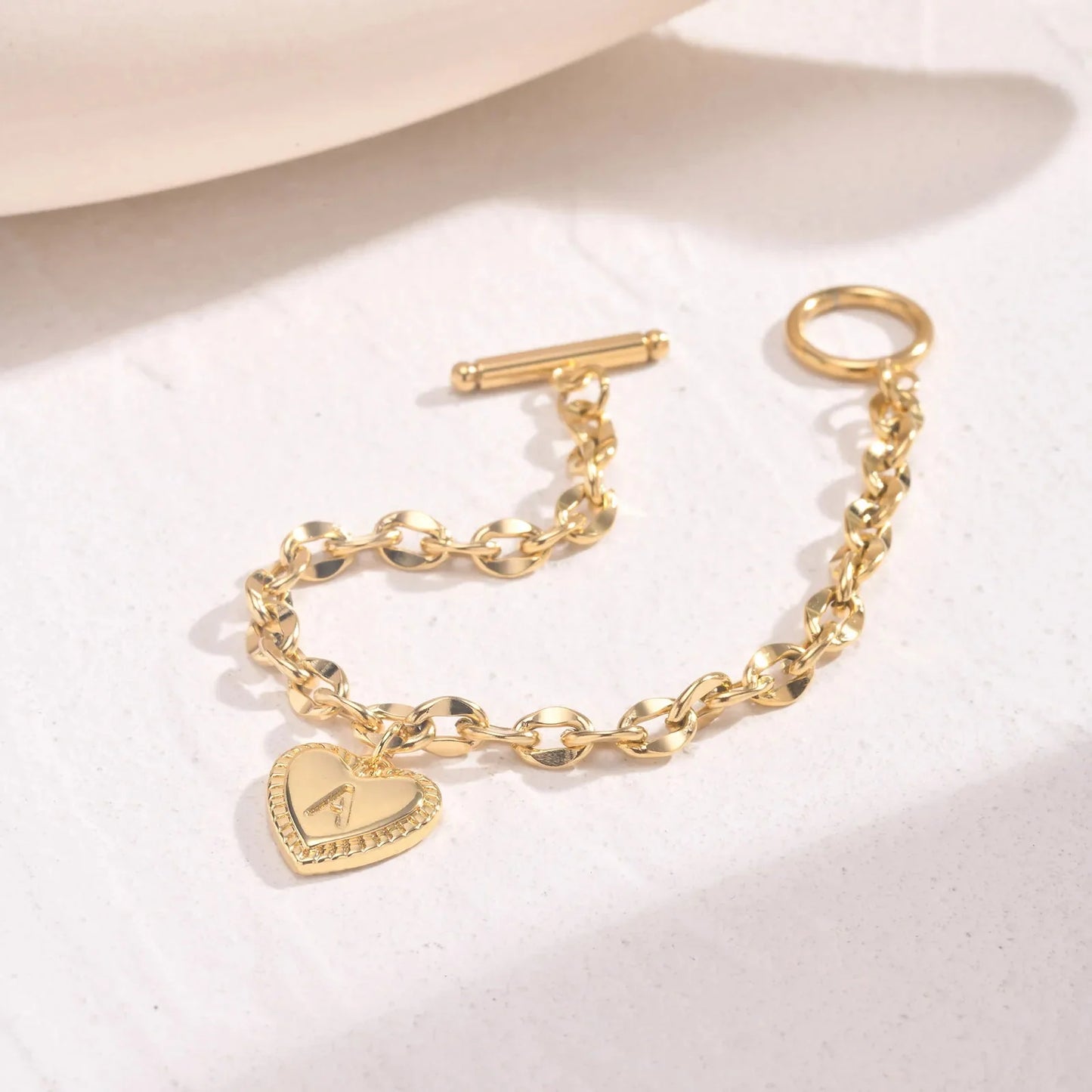 14k Dainty Heart Engraved Letter Initial Bracelet