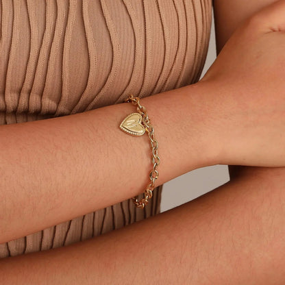 14k Dainty Heart Engraved Letter Initial Bracelet