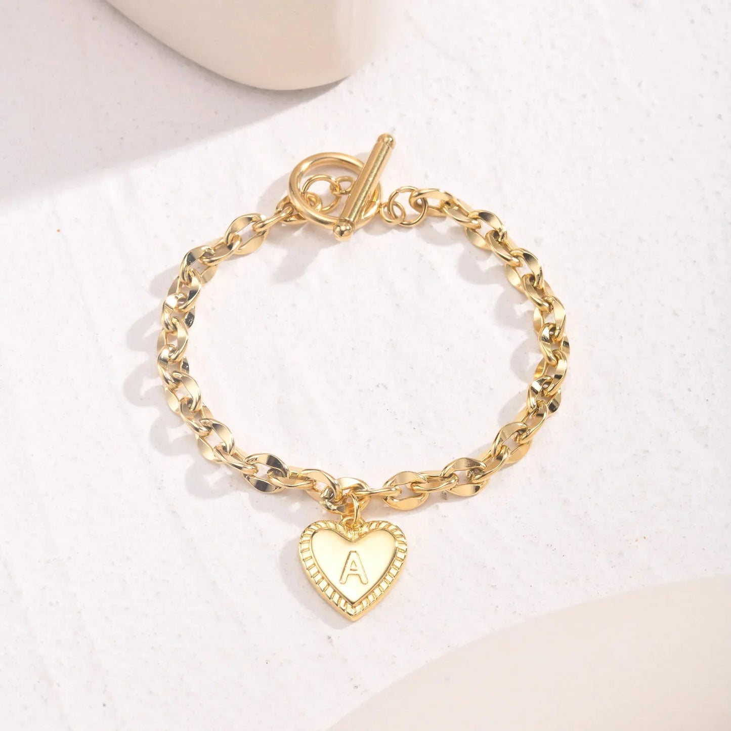 14k Dainty Heart Engraved Letter Initial Bracelet