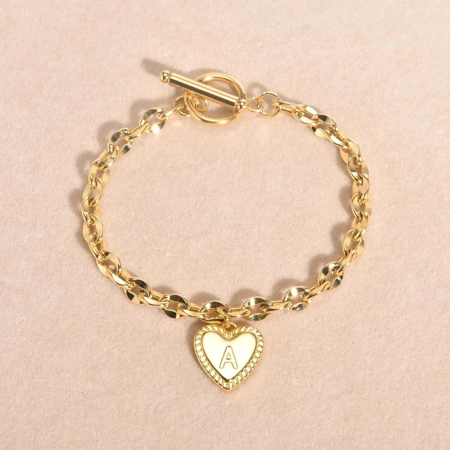 14k Dainty Heart Engraved Letter Initial Bracelet