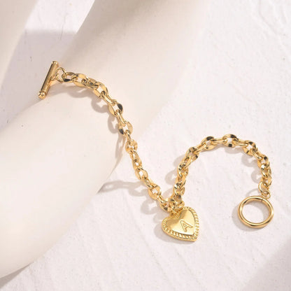 14k Dainty Heart Engraved Letter Initial Bracelet