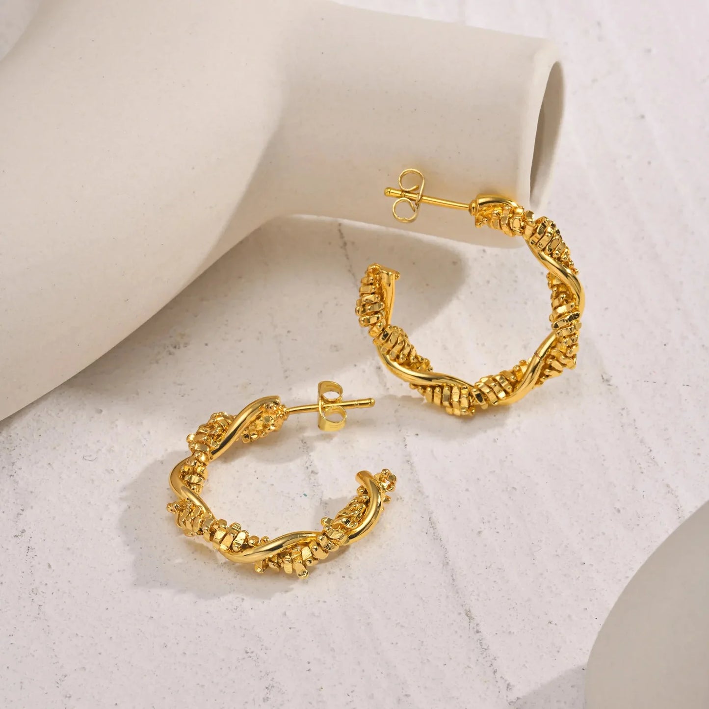 14k Dainty Textured Spiral Hoop Earrings