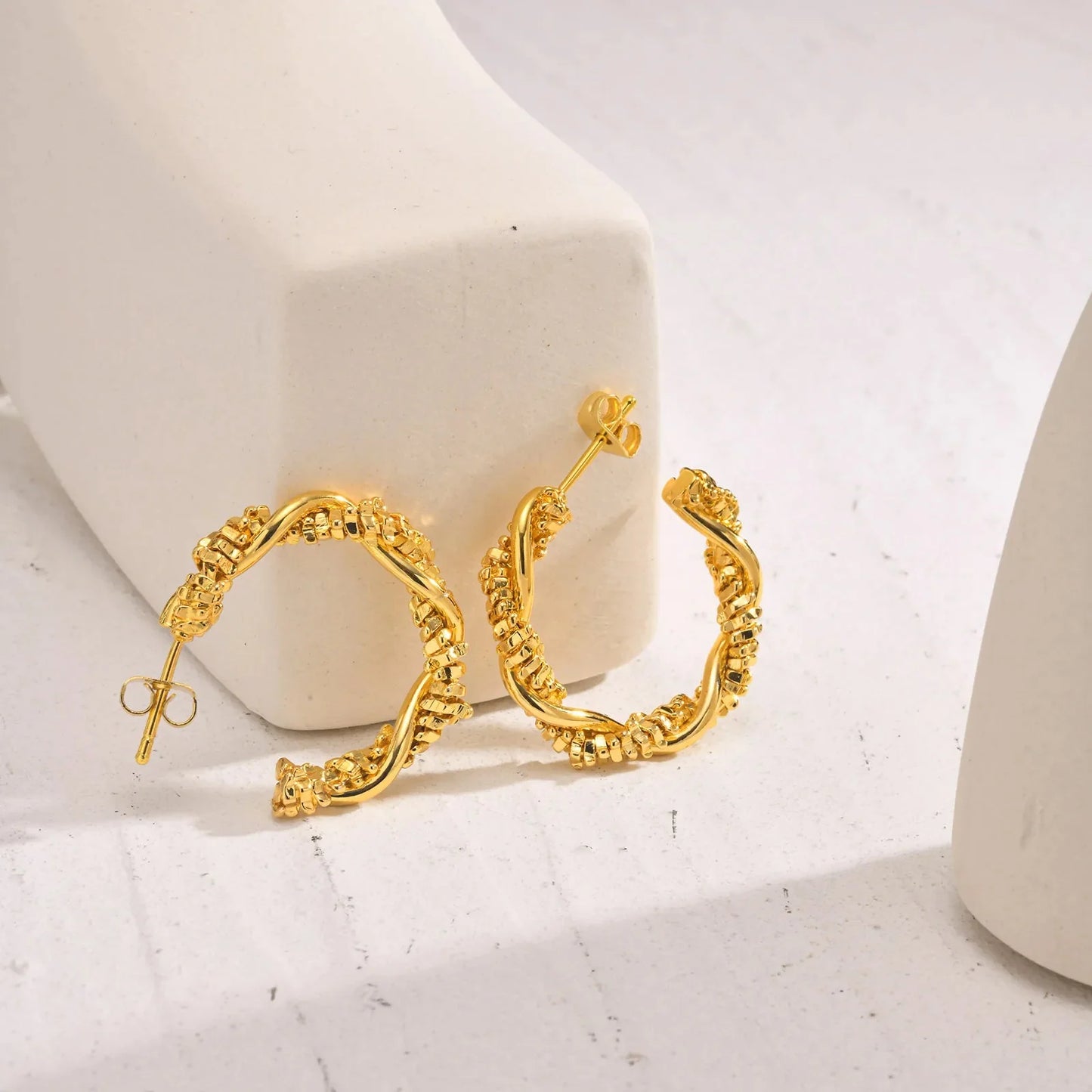 14k Dainty Textured Spiral Hoop Earrings