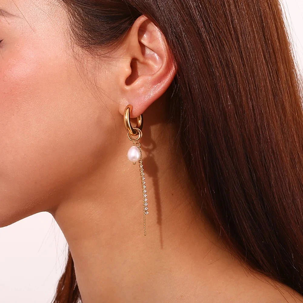 18k Asymmetrical Pearl Diamond Hoop Earrings