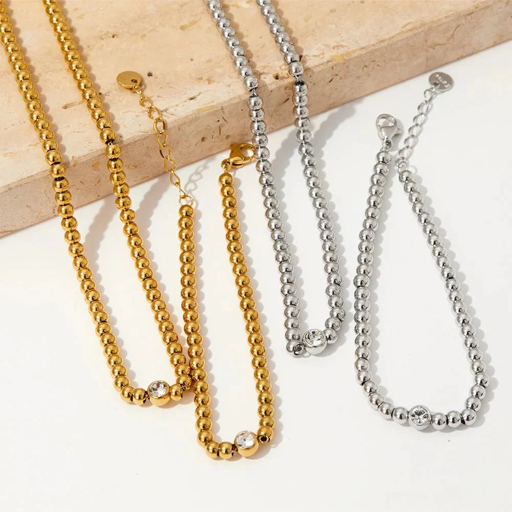 18k Beaded Diamond Center Necklace and Bracelets