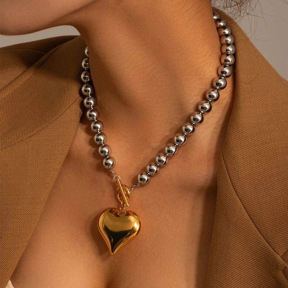 18k Chunky Silver & Gold Heart Necklace