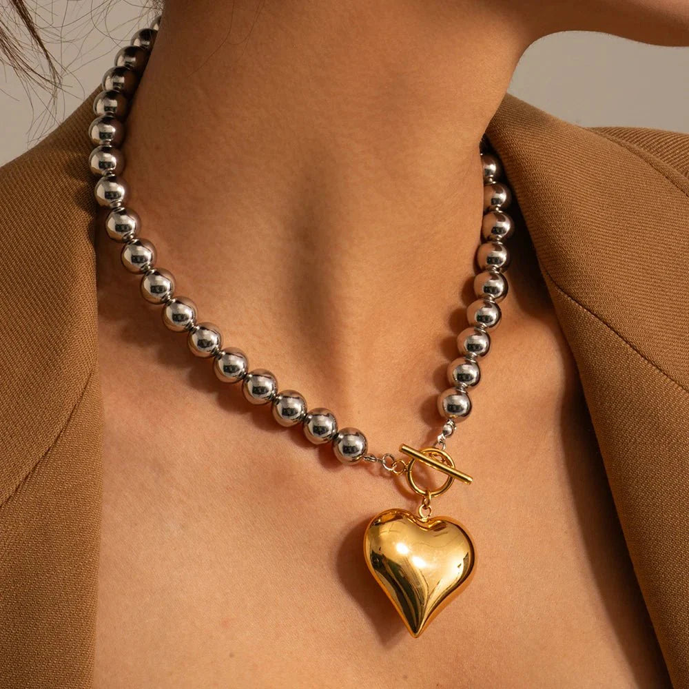 18k Chunky Silver & Gold Heart Necklace