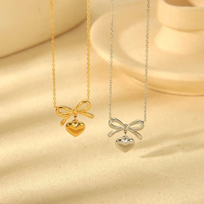 18k Dainty Bow & Heart Necklace