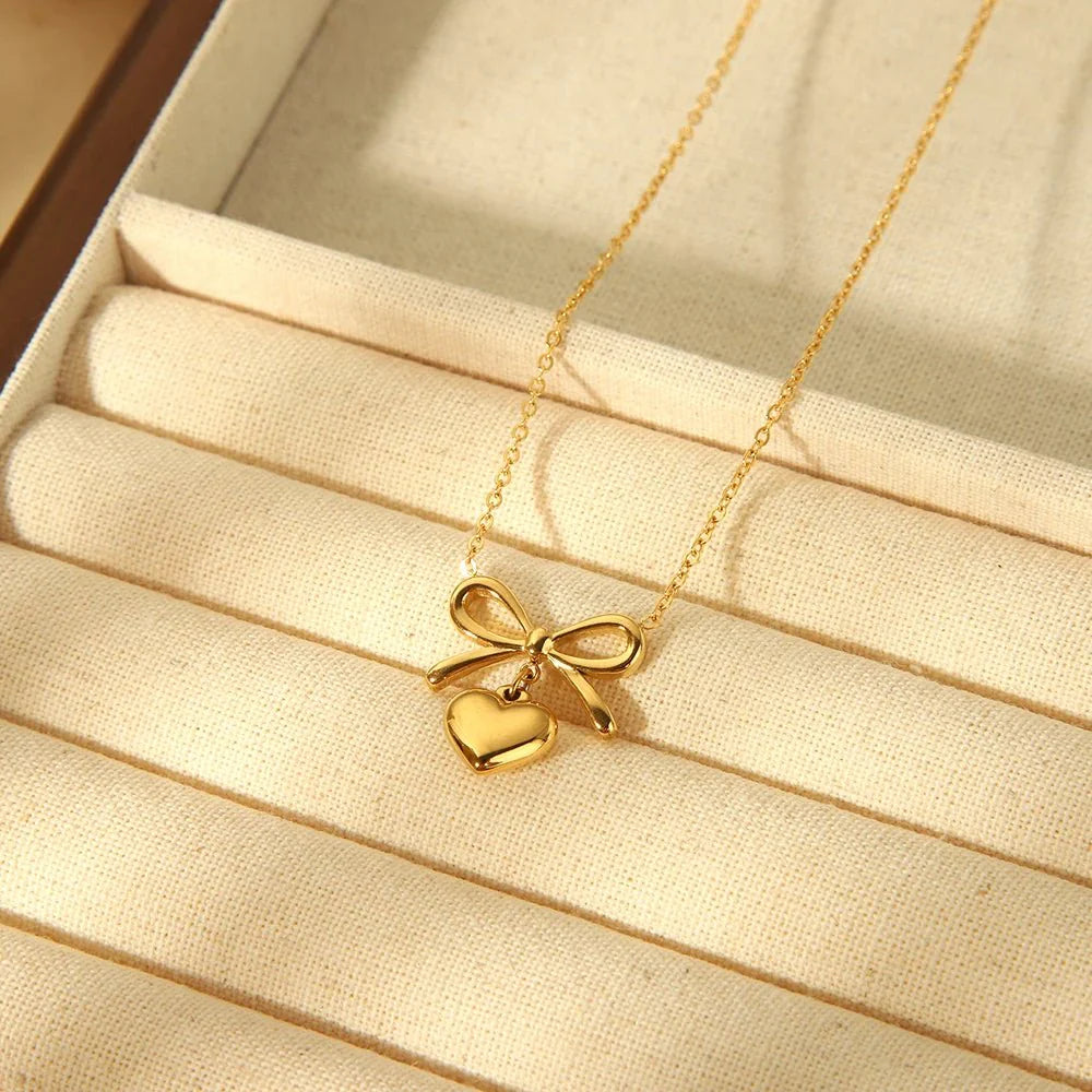 18k Dainty Bow & Heart Necklace