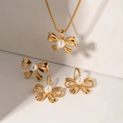 18k Dainty Bow Pearl Center Necklace, Earring, Ring Set
