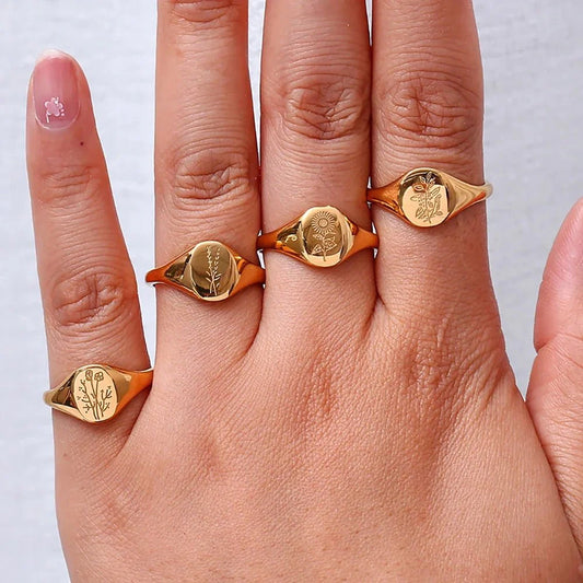18k Dainty Floral Signet Rings