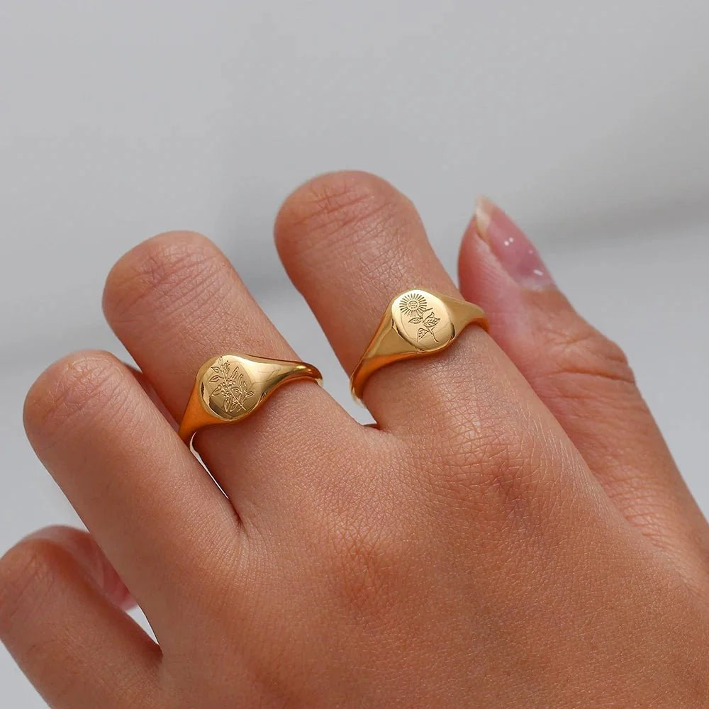 18k Dainty Floral Signet Rings