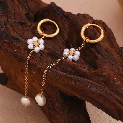 18k Dangling Floral Pearl Earrings