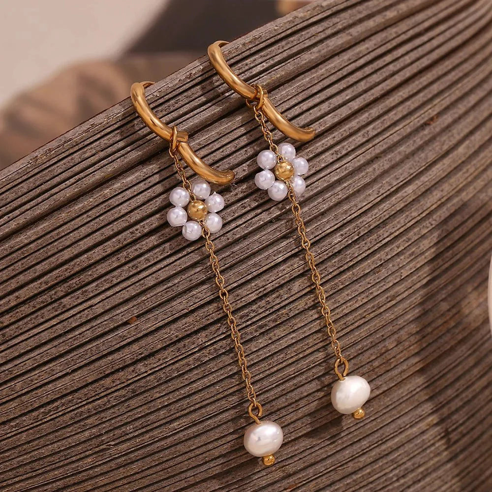 18k Dangling Floral Pearl Earrings