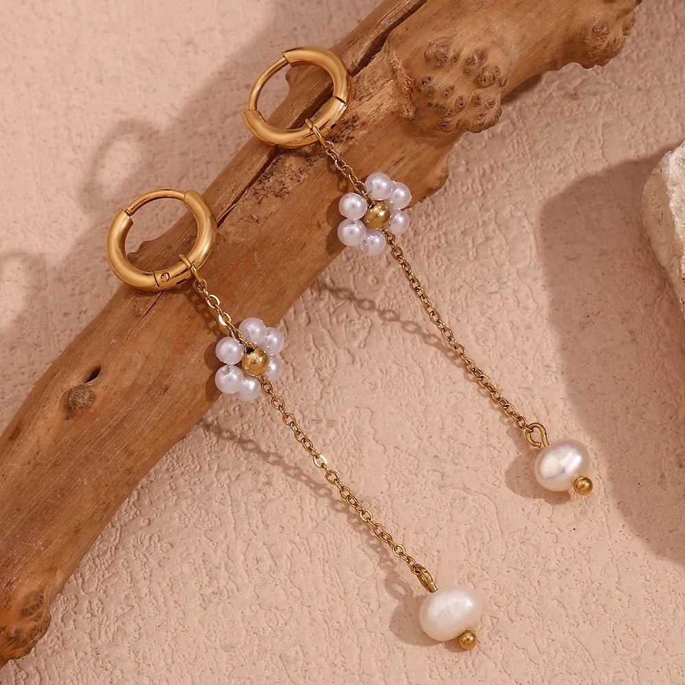 18k Dangling Floral Pearl Earrings