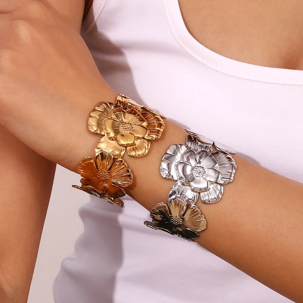 18k Floral Cuff Bangle Bracelets