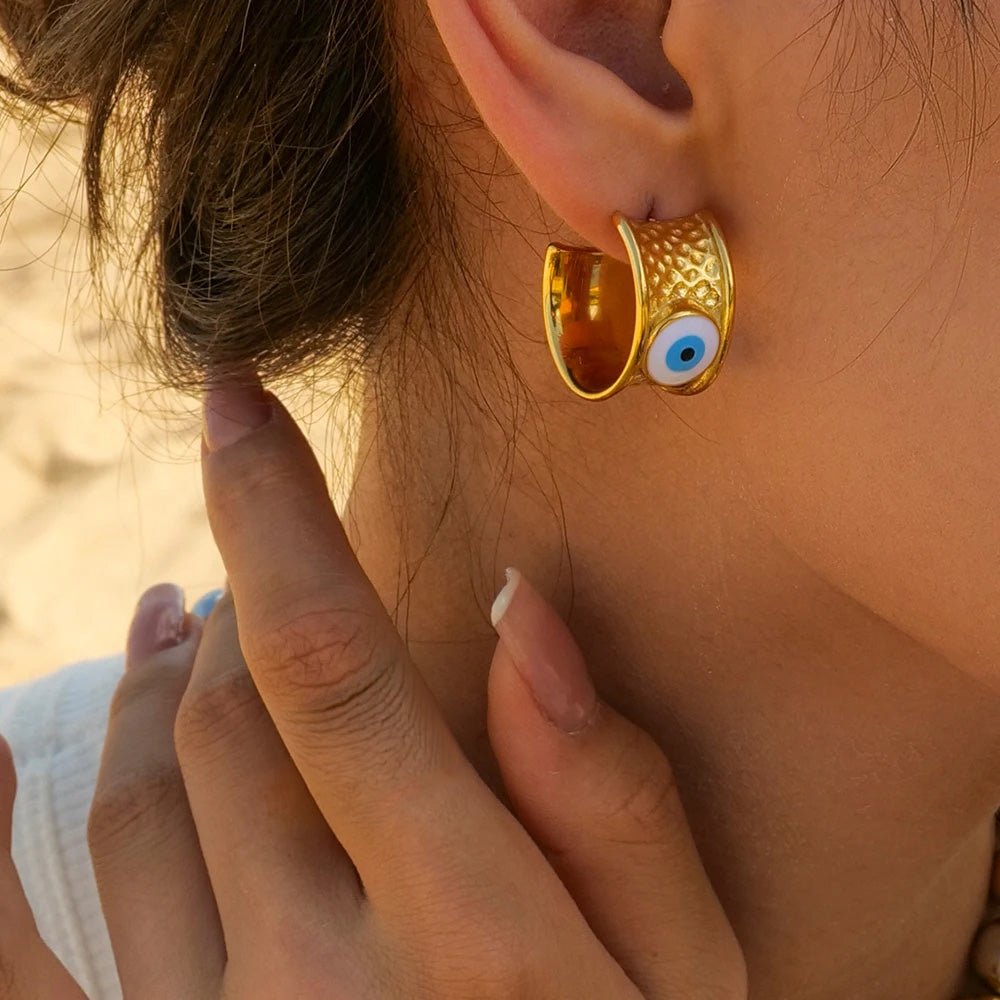 18k Gold Textured Evil Eye Hoop Earrings