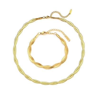 18k Interwoven Herringbone Chain Necklace and Bracelet Set