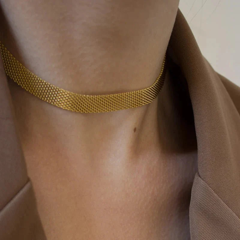 18k Layered Gold Mesh Choker Necklace and Bracelet