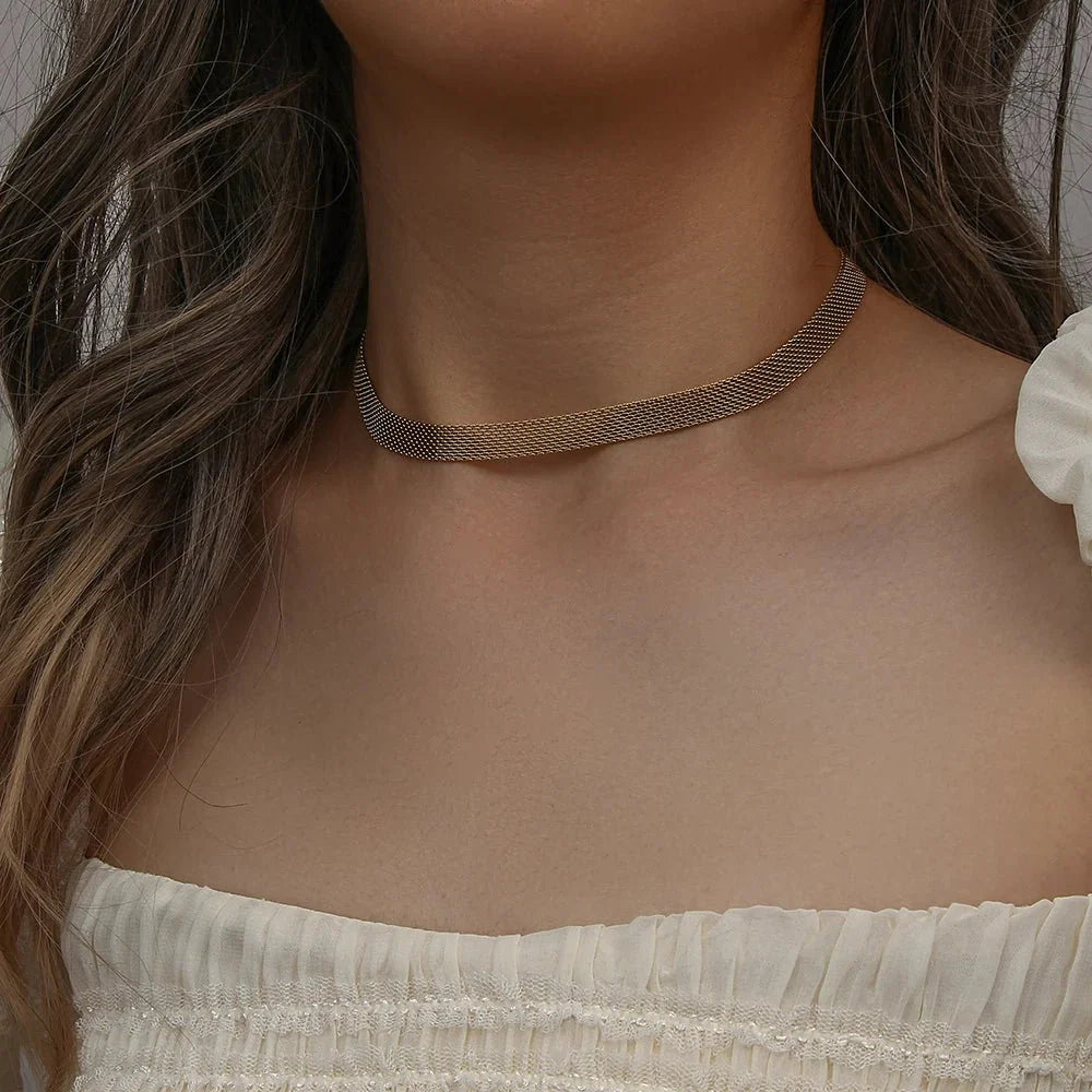 18k Layered Gold Mesh Choker Necklace and Bracelet