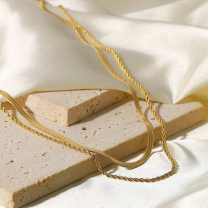 18k Layered Herringbone & Rope Chain Necklace