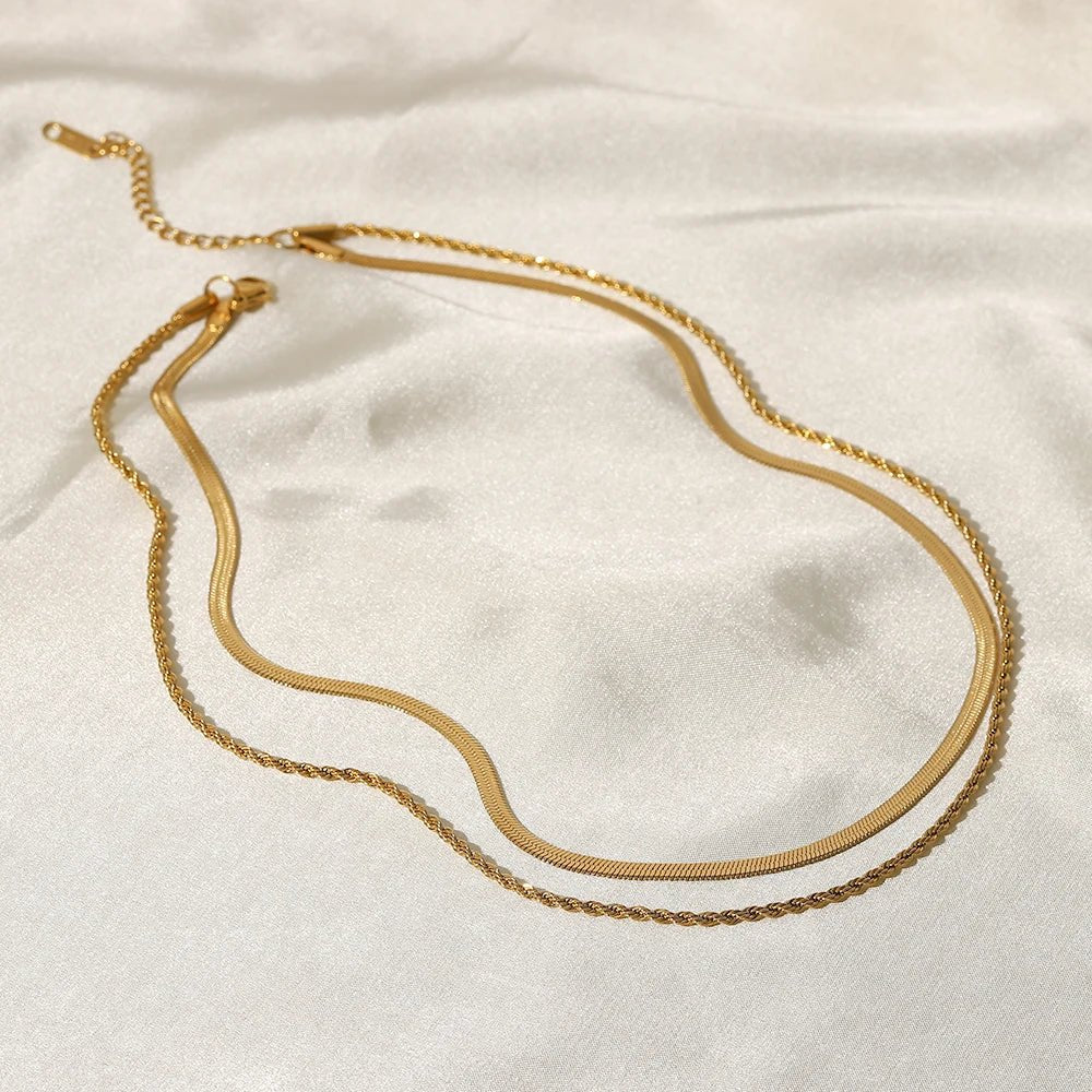 18k Layered Herringbone & Rope Chain Necklace