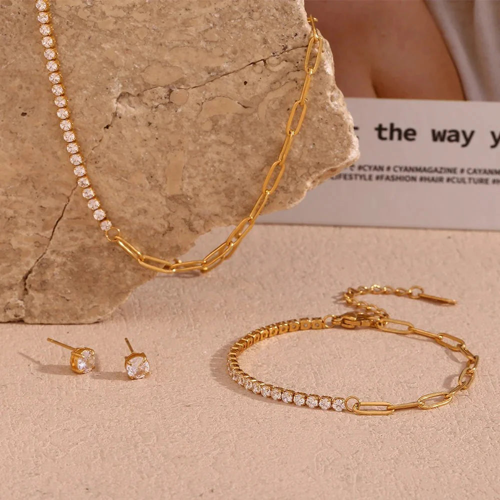 18k Paperclip Chain Tennis Necklace, Bracelet, and Earrings