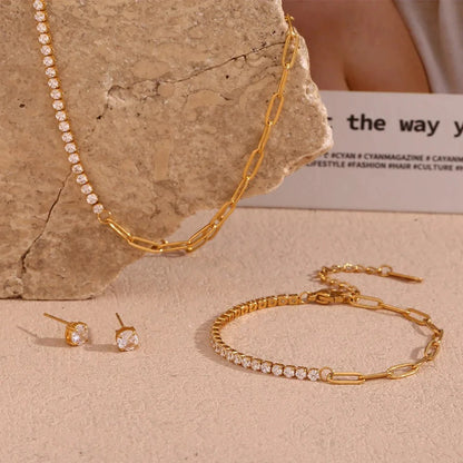 18k Paperclip Chain Tennis Necklace, Bracelet, and Earrings