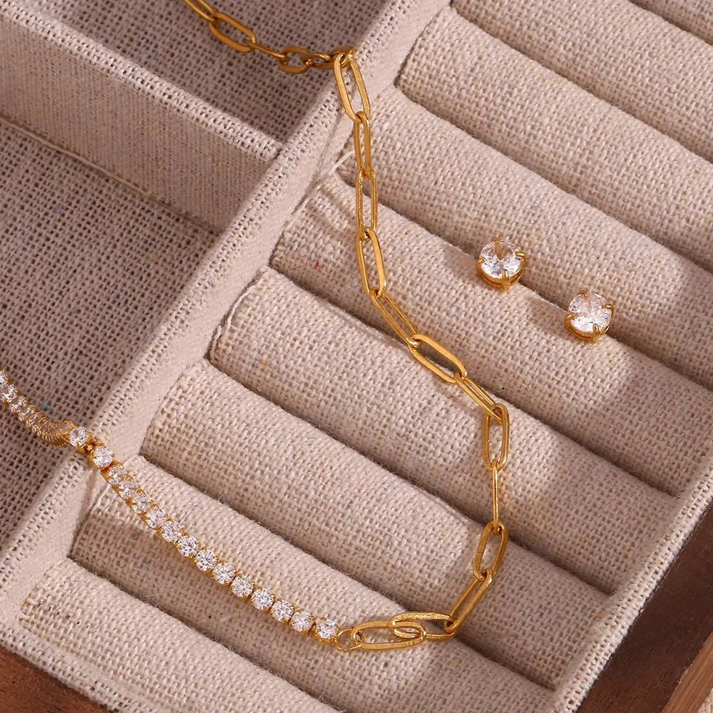 18k Paperclip Chain Tennis Necklace, Bracelet, and Earrings
