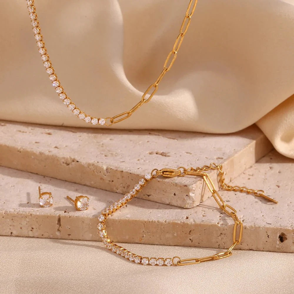 18k Paperclip Chain Tennis Necklace, Bracelet, and Earrings